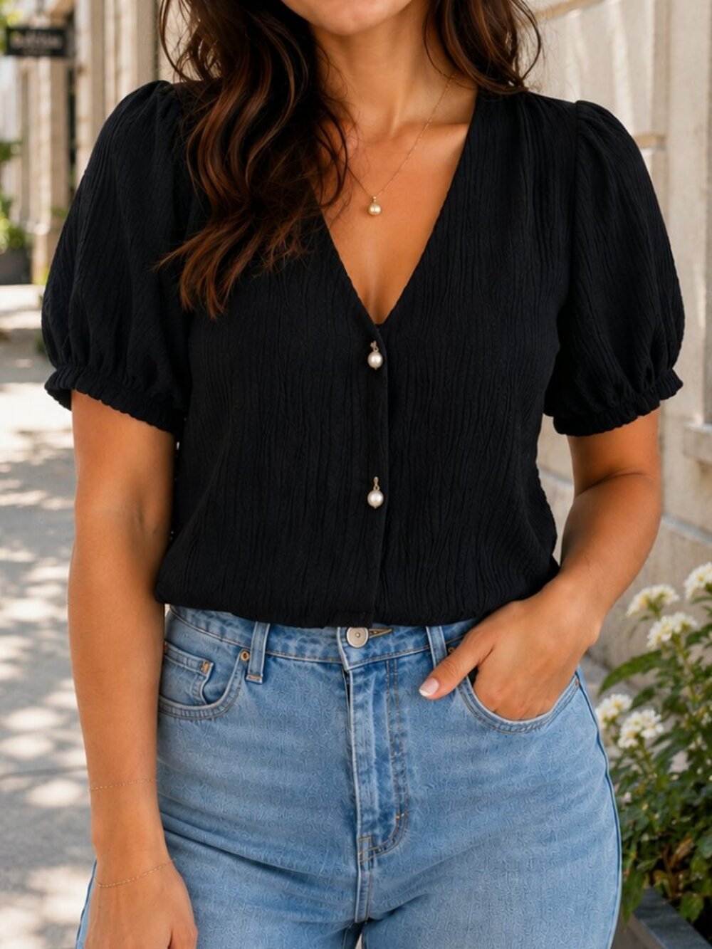 NWT Textured Top with short puff sleeves and pearl button Black Size S